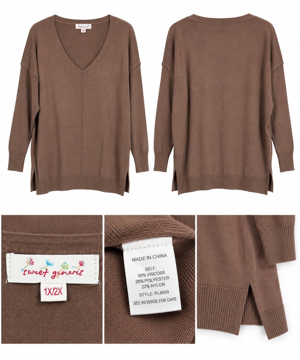 Sweet Generis Mocha Brown Oversized V-Neck Sweater 1X/2X